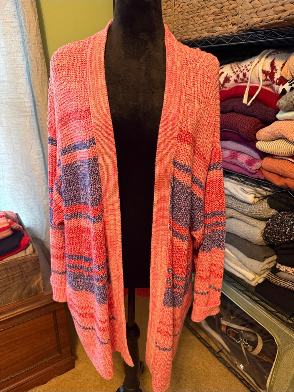 Peace Love World Pink and Navy Open-Front Knit Cardigan